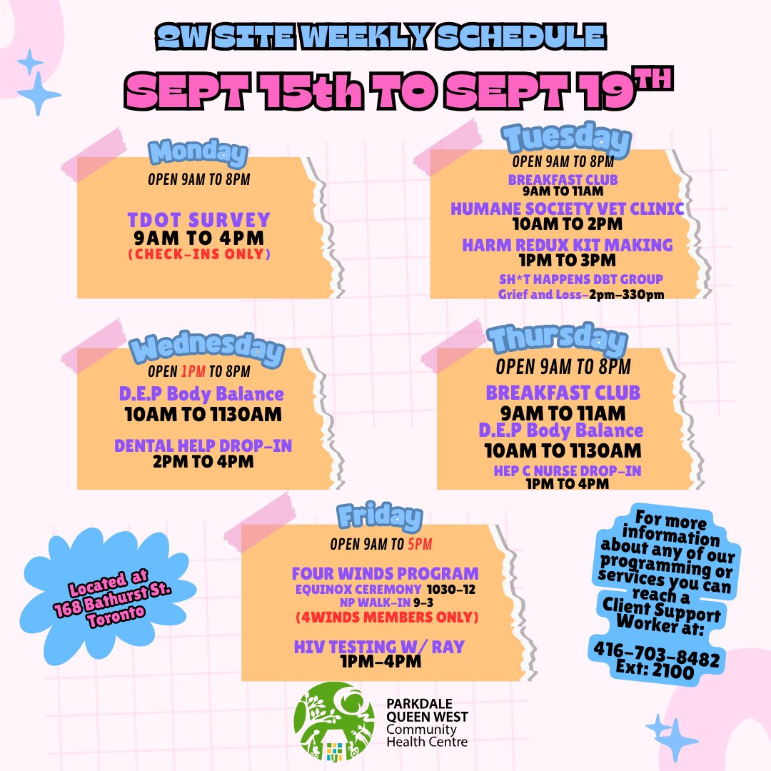 Here’s what’s happening this week at our Queen West site (168 Bathurst Street, Toronto).
Join us for programs, connection, and community.

For more information on programs offered at 168 Bathurst call 416-703-8482 ext. 2100 or visit pqwchc.org

#HealthForAll
#PQWCHC