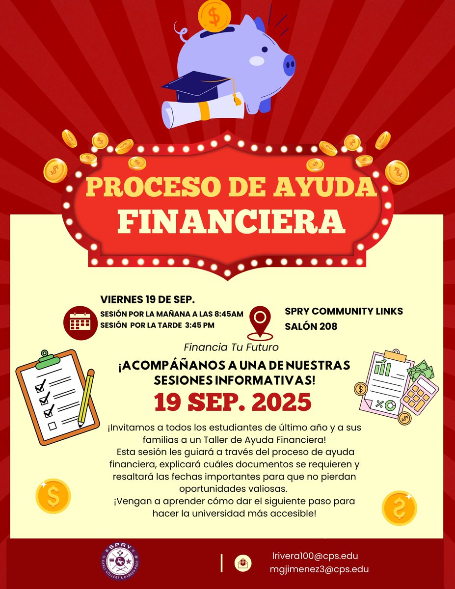 John Spry Community School (@cpsspry) on Twitter photo Join us for a brief informational meeting about the financial aid process. We look forward to helping you learn more!/
Acompáñenos a una breve reunión informativa sobre el proceso de ayuda financiera. ¡Esperamos ayudarle a aprender más! Join us for a brief informational meeting about the financial aid process. We look forward to helping you learn more!/
Acompáñenos a una breve reunión informativa sobre el proceso de ayuda financiera. ¡Esperamos ayudarle a aprender más!