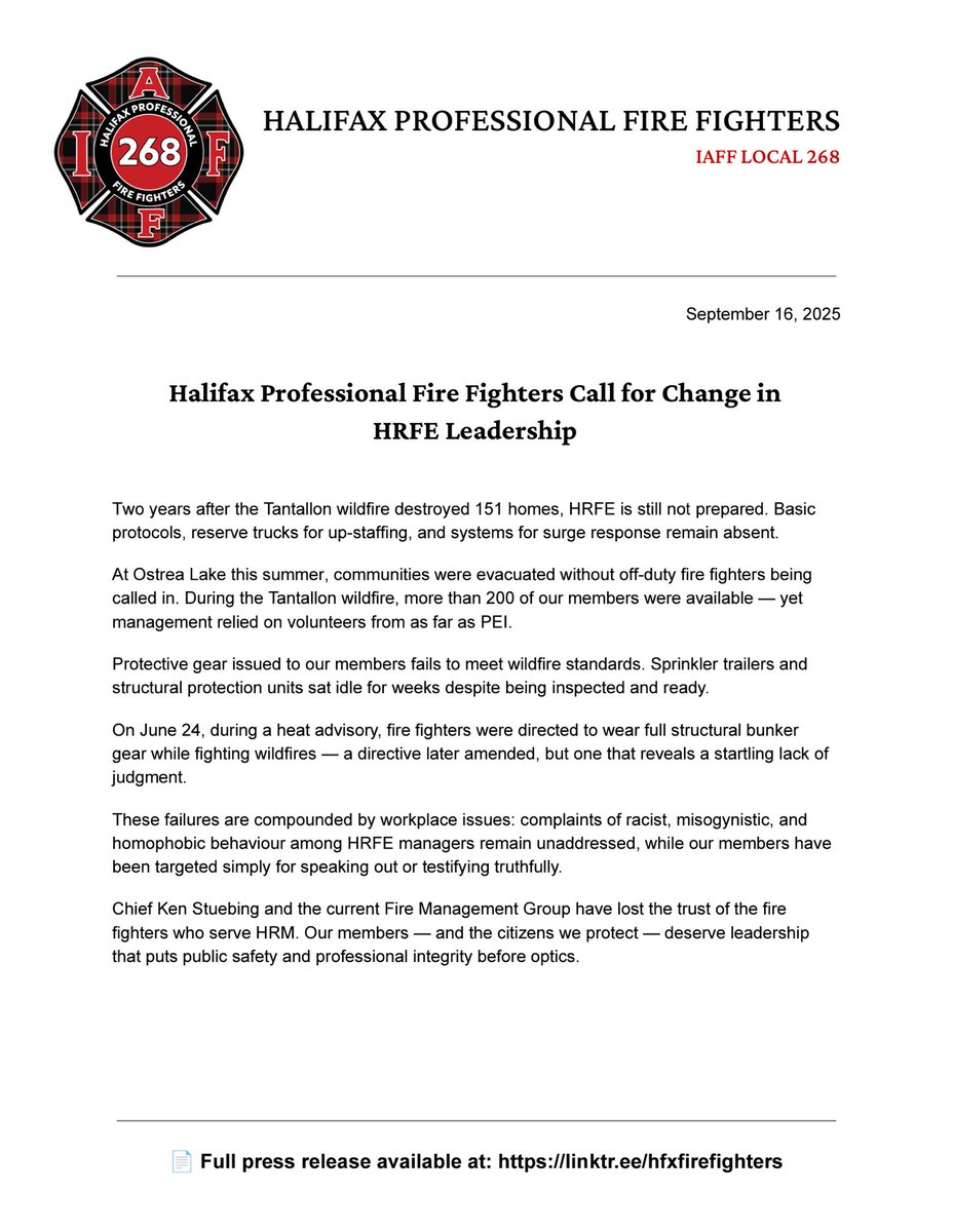 🔥 Halifax Professional Fire Fighters can no longer remain silent.

From wildfire preparedness to staffing, from equipment failures to workplace culture, the problems within HRFE leadership are widespread and deeply concerning.

Two years after the Tantallon wildfire destroyed