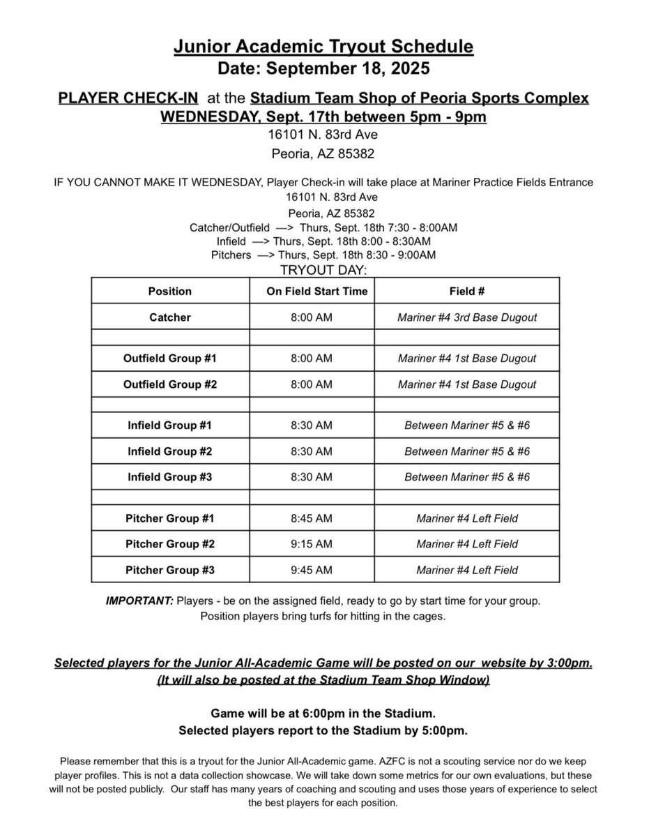 Looking forward to competing this week at the AZ Junior Fall Classic.

My All-Academic Game Tryout is Pitcher Group # 2 on 9/18.

Pitching for <a href="/TB_SoCalTeams/">TB Socal Baseball</a> on Sat. 9/20 at 10 am @ Mariner Field 3 in Peoria.