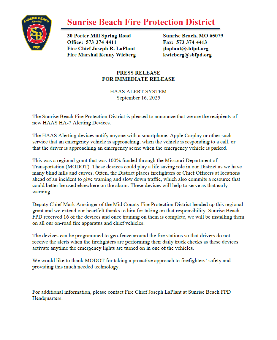 SBFPD's tweet image. Press Release on our new HAAS Alert System transponders!