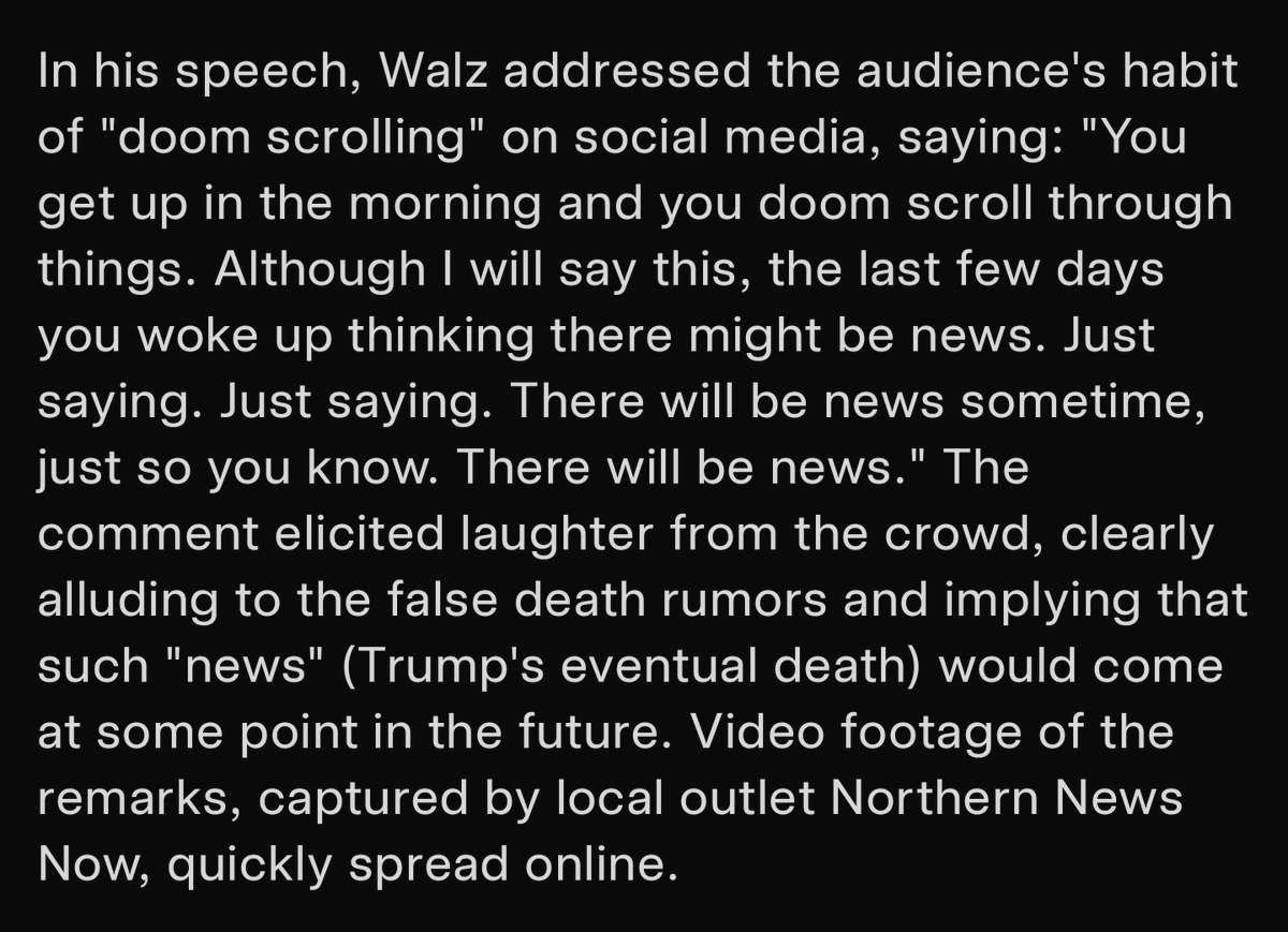 OmegaPill's tweet photo. @kaitlancollins Same Tim Walz that just a couple weeks ago was laughing and making jokes about the false rumor POTUS had passed away on Labor Day?  A clear example of the dehumanizing way the left has been talking about the right. https://t.co/7PFMRxTWKD