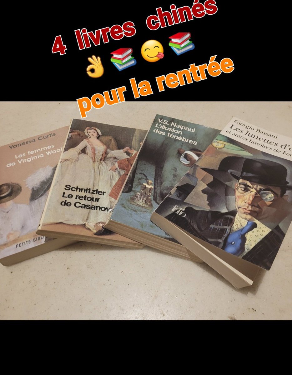 ZowkoA's tweet photo. 👌4 super 📚 chinés à la solderie :

📔Vanessa Curtis : les femmes de Virginia Woolf /2002

📘V.S. Naipaul : l'illusion des ténèbres /1964

📙Arthur Schnitzler : le retour de Casanova /1918

📕Giorgio Bassani : les lunettes d'or /1958

#livres #books #littérature  #Literature
⬇️ https://t.co/5CuPQPMRDE