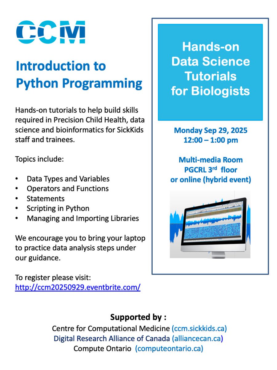 CompMedicine's tweet photo. Intro to Python Programming  

Hybrid training by CCM @ SickKids—no coding experience needed!  

🧠 Learn: Variables, Functions, Scripting, and Libraries &amp; environments  

To register, please visit: https://t.co/RWPFLSoAIk 

📷 Bring your laptop + install Python https://t.co/BWMHKJPKXE