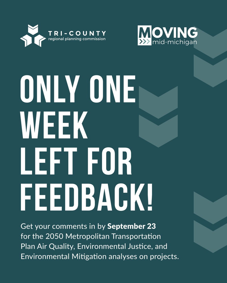 There’s only 1️⃣ week left to share your thoughts on analyses for Environmental Justice, Environmental Mitigation, and Air Quality for our 2050 Metropolitan #Transportation Plan.

View the reports and submit your comments at movingmidmichigan.org.

#MovingMidMi
