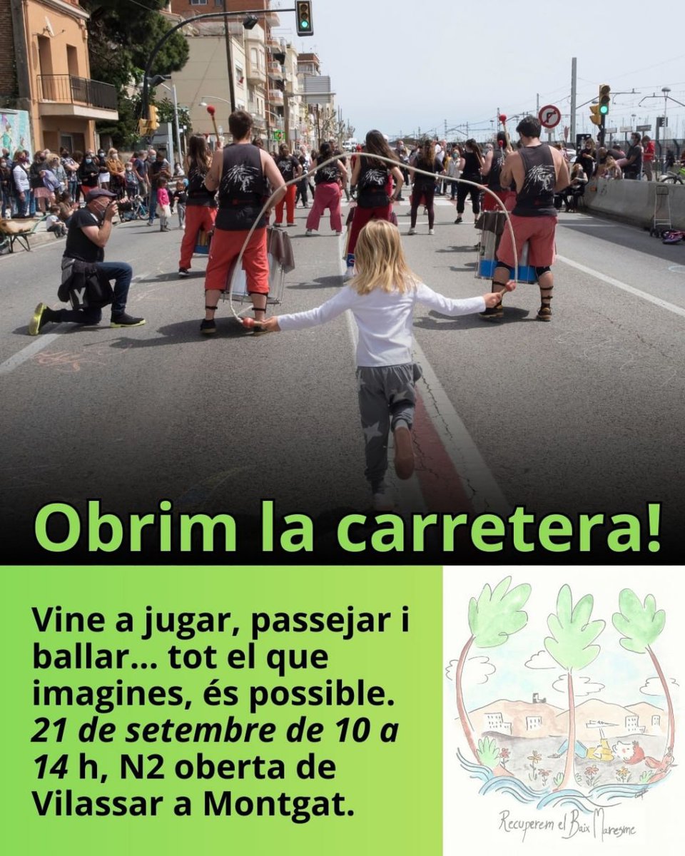 No et quedis a casa! Aquest diumenge 21 de setembre obrim la N-II de Vilassar a Montgat perquè la fem nostra. Vine a jugar, passejar i ballar de 10 del matí a 2 del migdia en un dia per a tothom!

#ObrimLaCarretera #RecuperemBaixMaresme