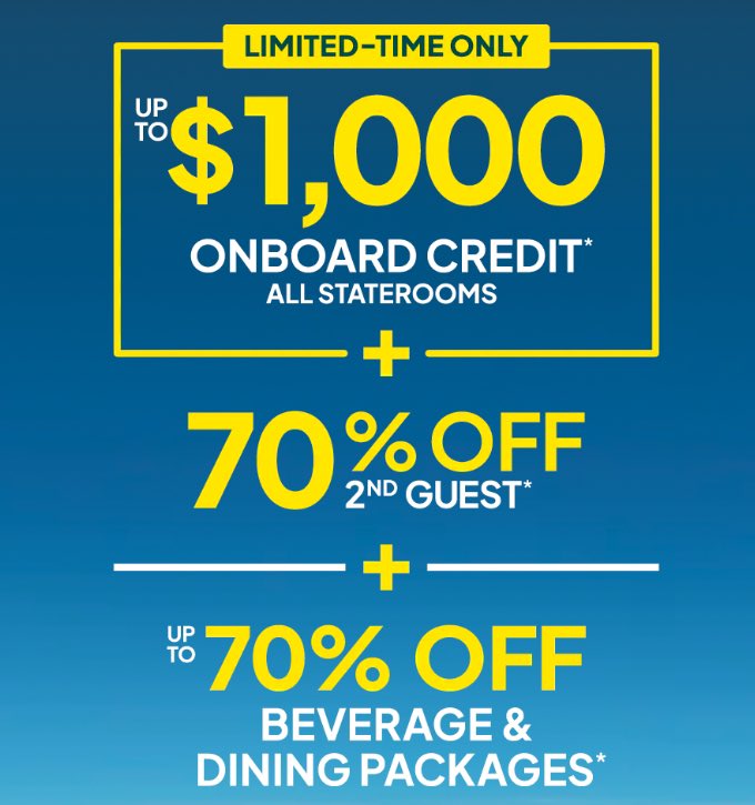 Our most popular promotion is finally back! Now is the time to lock in that next vacation and get up to $1,000 to spend onboard. For more information or to take advantage, call me toll free at 1-877-416-9722 at ext. 44591. <a href="/CruiseNorwegian/">Norwegian Cruise Line</a> #MoreAtSea #OnboardCredit #FeelFree
