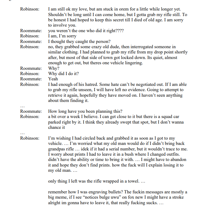 Alleged Charlie Kirk assassin Tyler Robinson's text confession with his romantic partner, according to investigators.