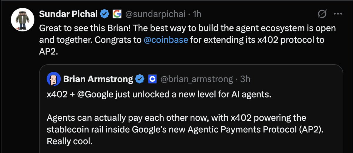 Screenshot of tweets from Sundar Pichai and Brian Armstrong discussing x402 and AP2 protocols