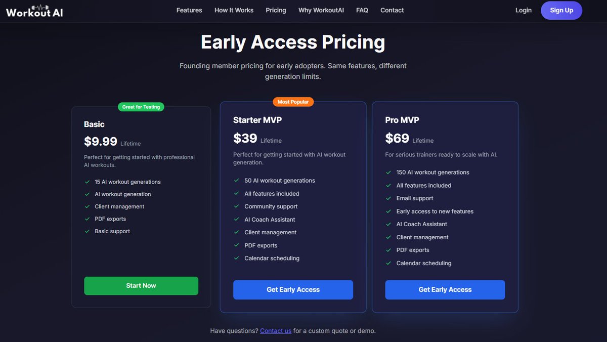 Update from today:
Added a Basic tier to Workout AI → $9.99 lifetime.
Goal: make it easy for anyone to test AI workouts without a big commitment.
Includes 15 AI generations + client management + PDF exports.

#BuildInPublic #SaaS #AI #FitnessTech