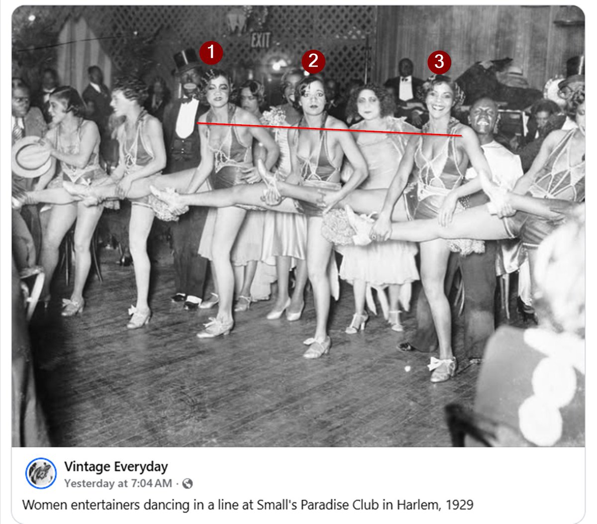 We are told "Women entertainers" in 1929. I drew a line across the front 3. Neck o'clock &amp; other markers.