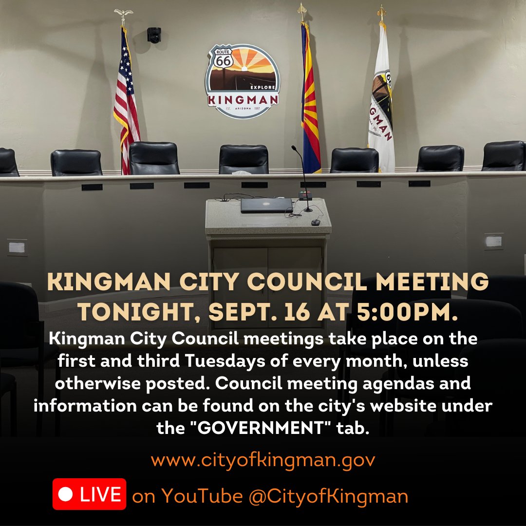 CityofKingman's tweet image. 📺 Tune in TONIGHT at 5:00 PM for the Regular City Council Meeting—streaming live on the City of Kingman’s official YouTube channel! 🏛️💻 #CityofKingman #CityCouncil #KingmanAZ #LiveStream #LocalGovernment