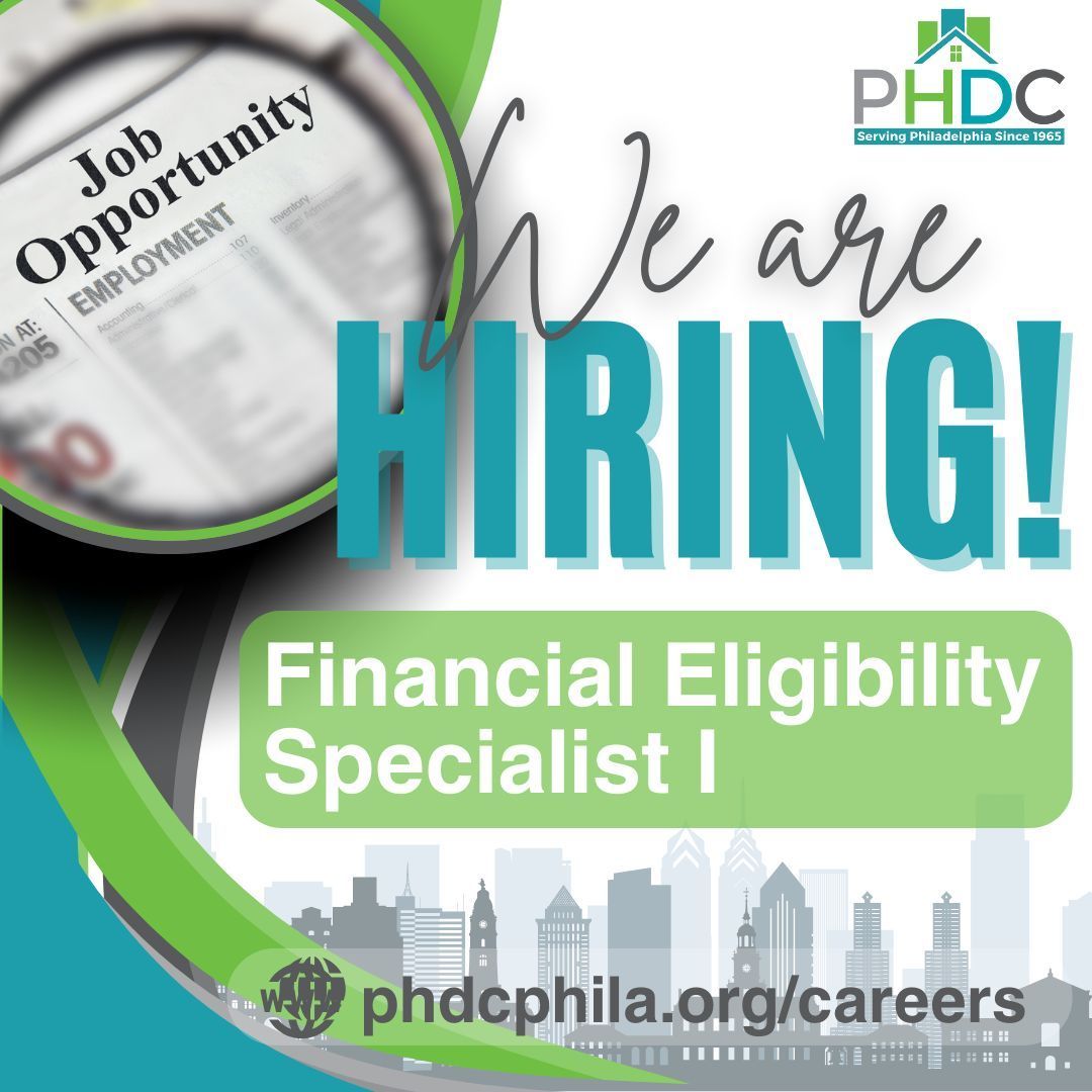 #PhilaPHDC has an open position for a Financial Eligibility Specialist I! 

Interested in joining a great team? Get more info on our website: phdcphila.org/careers