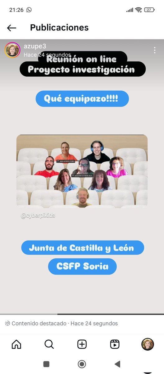 Hoy hemos llevado a cabo la primera reunión online de este segundo curso del proyecto de investigación CYBER-PI-KIDS

<a href="/educacyl/">Educación JCyL</a> <a href="/CSFPJCYL/">CSFP</a> <a href="/vanesausin/">Vanesa Ausín Villaverde</a> <a href="/anaalonsopobes8/">ana</a> <a href="/rosamariagilp/">Rosa María Gil Perfecto</a> <a href="/victorabella/">Victor Abella</a>