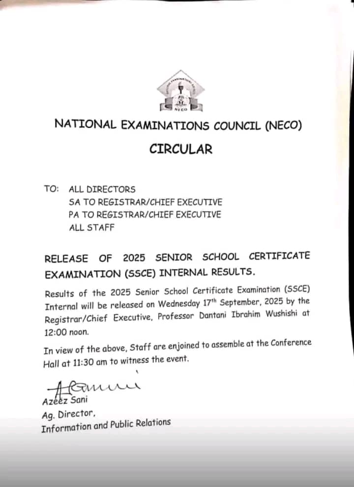 NECOWAEC's tweet photo. @Neconigeria has announced that the 2025 SSCE Internal results will be released on Wednesday, Sept 17, 2025 at 12 noon by the Registrar/Chief Executive, Prof. Dantani Ibrahim Wushishi.
Wishing all candidates the best as they await their results! ✅ #NECO #SSCE2025 https://t.co/TjGKvAnDSS