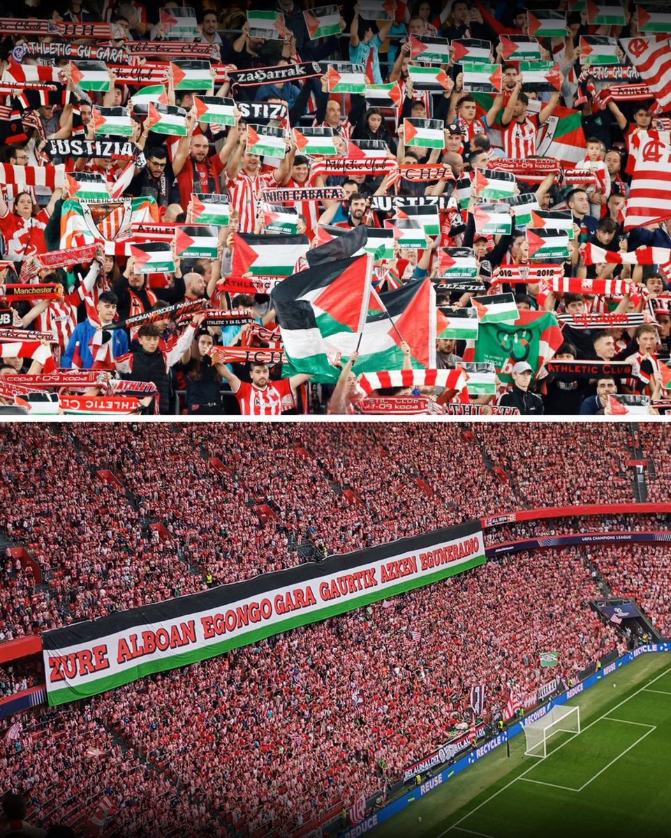 💢 Athletic Bilbao taraftarları, UEFA Şampiyonlar Ligi'ndeki Arsenal maçı öncesi Filistin pankartı açtı.

 “Estaremos a tu lado hasta el último día.”

“Son güne kadar senin 🇵🇸 yanında olacağız.”

 #KalbimizSumud