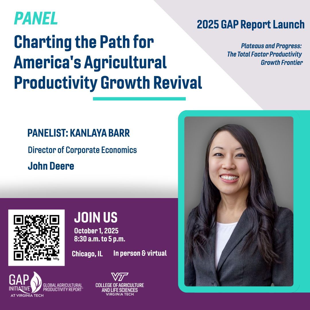 Kanlaya Barr is Director of Corporate Economics at  @johndeere

Barr joins the 2025 GAP Report Launch panel, "Charting the Path for America's Agricultural Productivity Growth Revival."

Chicago, IL Oct. 1 in person/virtual: globalagriculturalproductivity.org/2025-gap-repor…
#Agriculture #economics