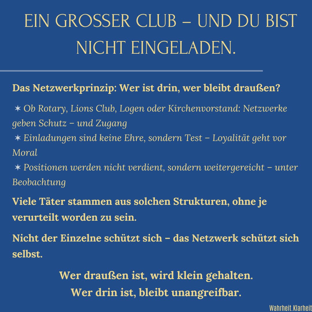 Nicht der Einzelne schützt sich.

Das Netzwerk schützt sich selbst.

Darum bleiben Täter unangreifbar.

#Sichtbar #Netzwerke #Machtstrukturen