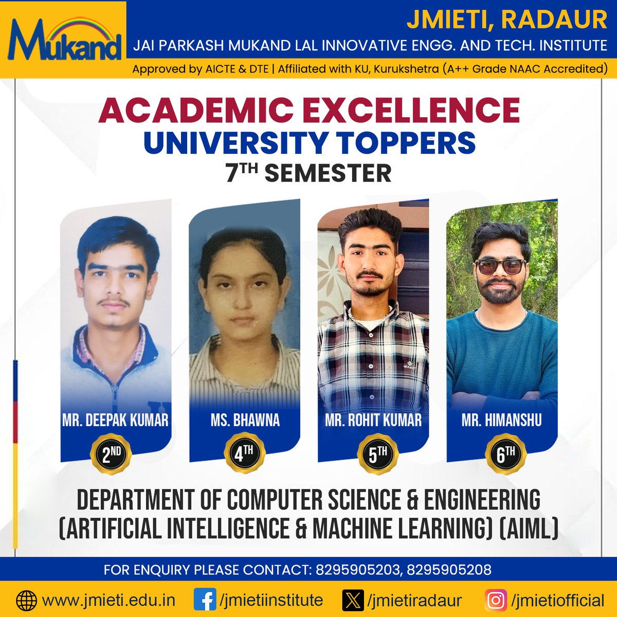 jmietiradaur's tweet image. Proud Moment: JMIETI Radaur CSE (AIML) Students Shine with Academic Excellence as 7th Semester University Topper
#computerscienceandengineering #universitytoppers #academicexcellence #studentachievement #achievementgoals #jmietipride #jmieti #jmietistudents #jmietiradaur