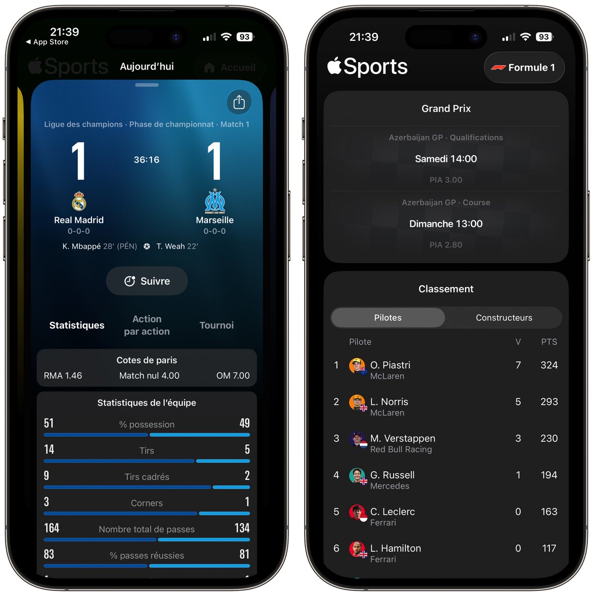 🏎️ Apple Sports est enfin disponible en France ⚽️

C’est gratuit, en français et ça permet de suivre les scores en direct depuis son écran verrouillé ou d’accueil.

📲 apps.apple.com/fr/app/apple-s…