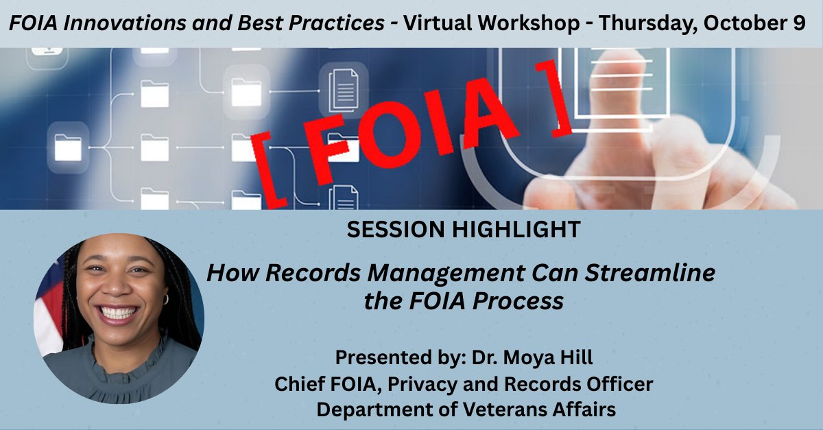 DGI Events (@dgievents) on Twitter photo 🧠 On Thursday, Oct. 9, also learn how "How Records Management can Streamline the FOIA Process"! 👉 Tell us you'll be there: events.zoomgov.com/ev/Au-Lrhe1LJH…
🎙️Featured Speaker and SME: Dr. Moya Hill with <a href="/DeptVetAffairs/">Veterans Affairs</a> 
#DeptOfVeteranAffairs #FOIA 🧠 On Thursday, Oct. 9, also learn how "How Records Management can Streamline the FOIA Process"! 👉 Tell us you'll be there: events.zoomgov.com/ev/Au-Lrhe1LJH…
🎙️Featured Speaker and SME: Dr. Moya Hill with <a href="/DeptVetAffairs/">Veterans Affairs</a> 
#DeptOfVeteranAffairs #FOIA
