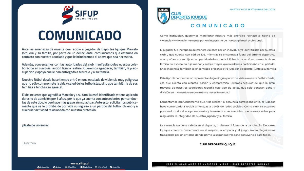 elsoldeiquique's tweet image. Sifup y Deportes Iquique condenan agresión y amenazas de muerte a Marcelo Jorquera: “La violencia no tiene cabida en el deporte”
#Iquique #Antofagasta #Calama #Coquimbo #Valparaíso #Curicó #Concepción #LosAngeles #PuertoMontt #Quellón #PuntaArenas #Ancud #AltoHospicio…