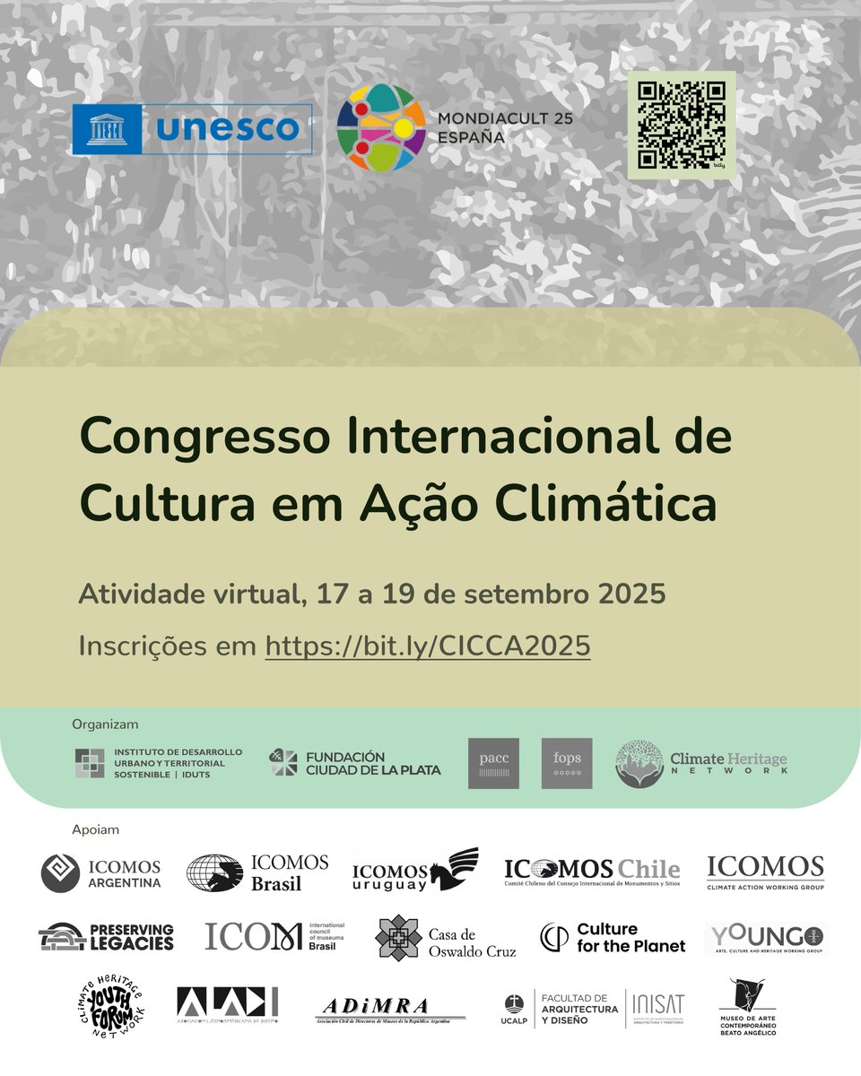 Congresso Internacional de Cultura em Ação Climática 2025

Atividade virtual, 17 a 19 de setembro de 2025

Mesa redonda 2-2 (PORT) Coordenada pela Casa de Oswaldo Cruz FIOCRUZ

even3.com.ar/e/congreso-int…

#MONDIACULT2025 #CICCA2025 #Congresso #Cultura #AçãoClimática