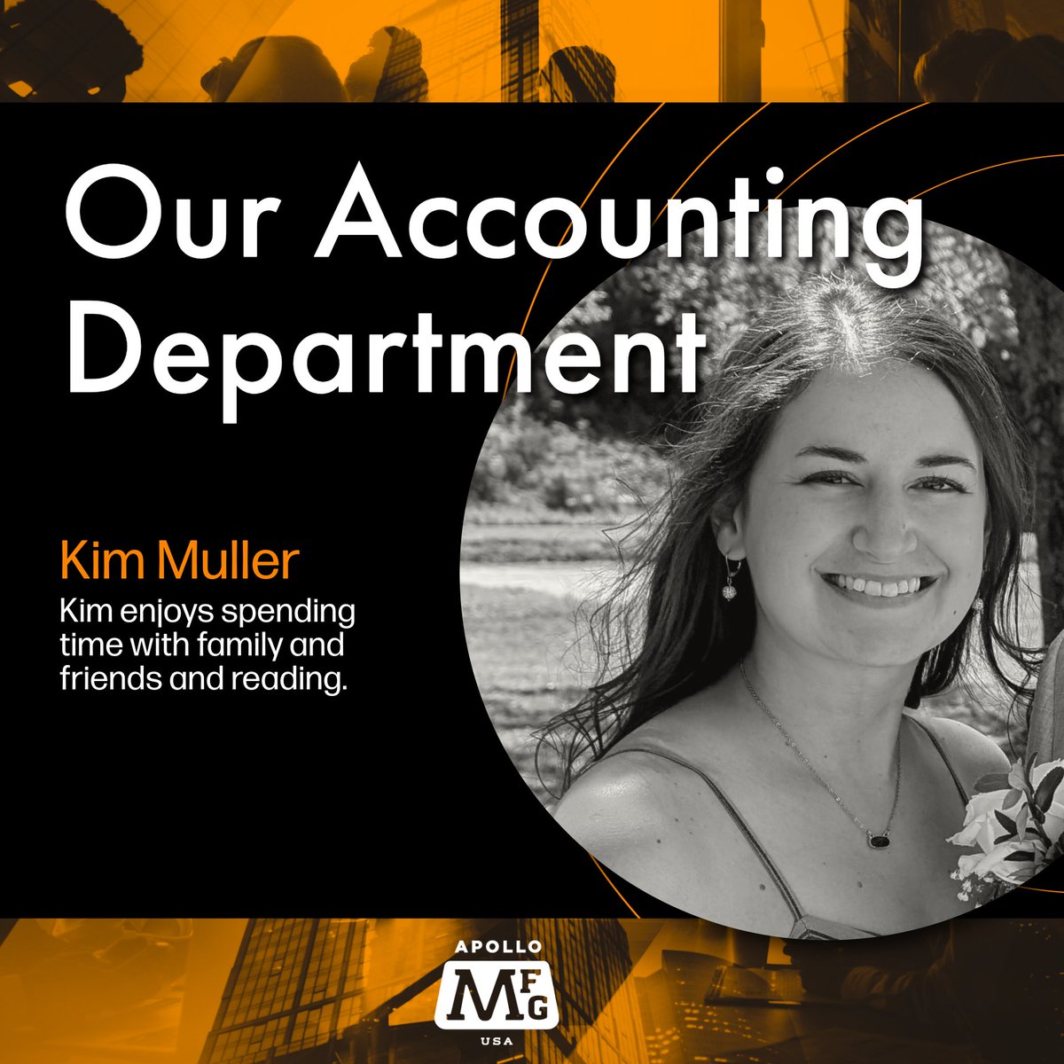 Meet Kim from our Accounting Department at Apollo MFG USA! 📚 Kim enjoys spending time with family and friends and reading. #ApolloMFG #Accounting #OurPeople #reading