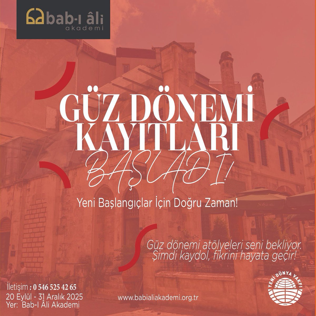 🍁 Güz Dönemi Atölyeleri Başladı!
Yeni dönemde hem öğrenmek hem de üretmek isteyen herkesi atölyelerimize bekliyoruz. Farklı ilgi alanlarına yönelik hazırladığımız programlarla, kendinize zaman ayırabileceğiniz, yeni beceriler kazanabileceğiniz dopdolu bir güz dönemi sizi