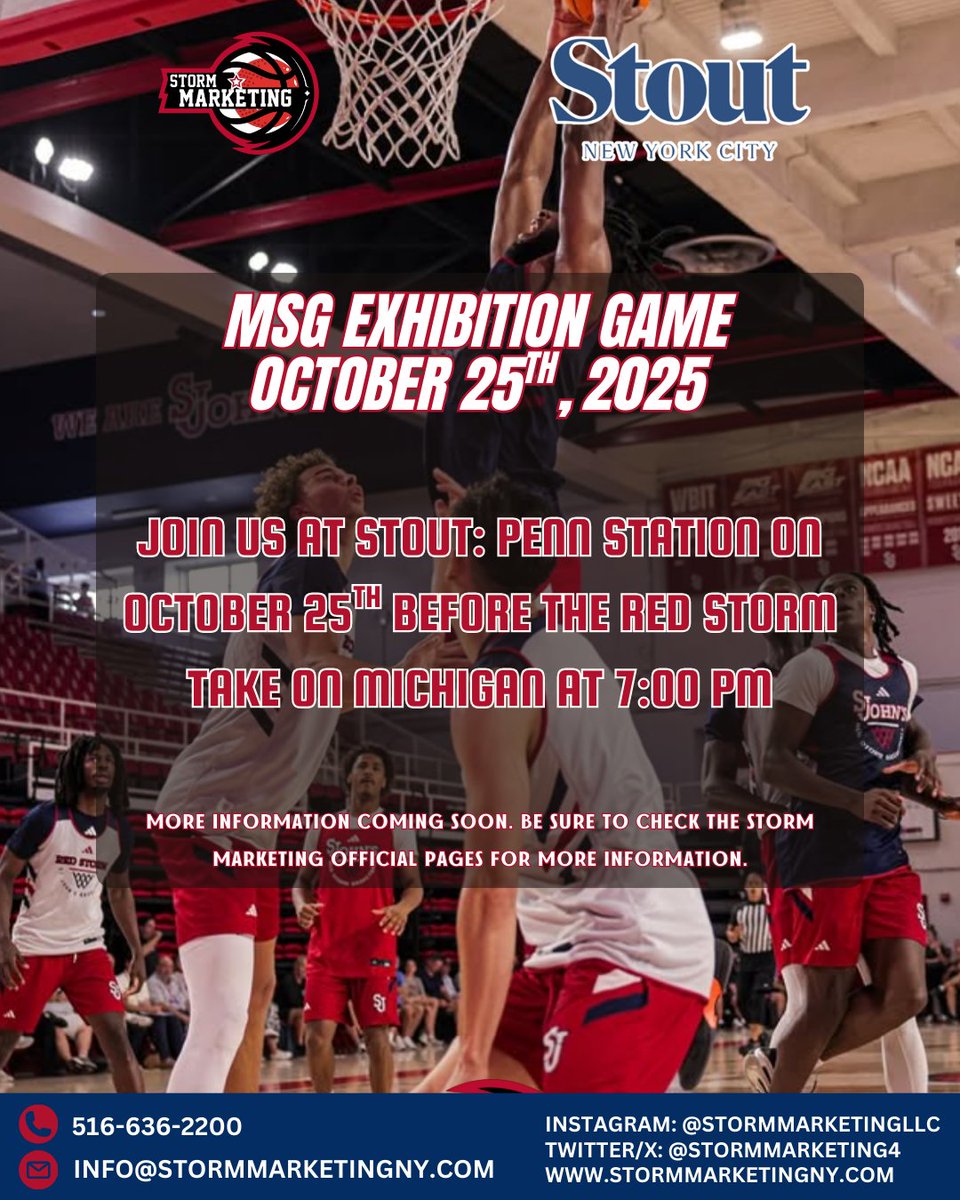 Before St. John's Men's Basketball opens their regular season at The World’s Most Famous Arena vs Alabama on Saturday, November 8th, there is still fun to be had!🔥

Join us on Saturday, October 25th, at Stout as we celebrate St. John's exhibition game at MSG against Michigan at