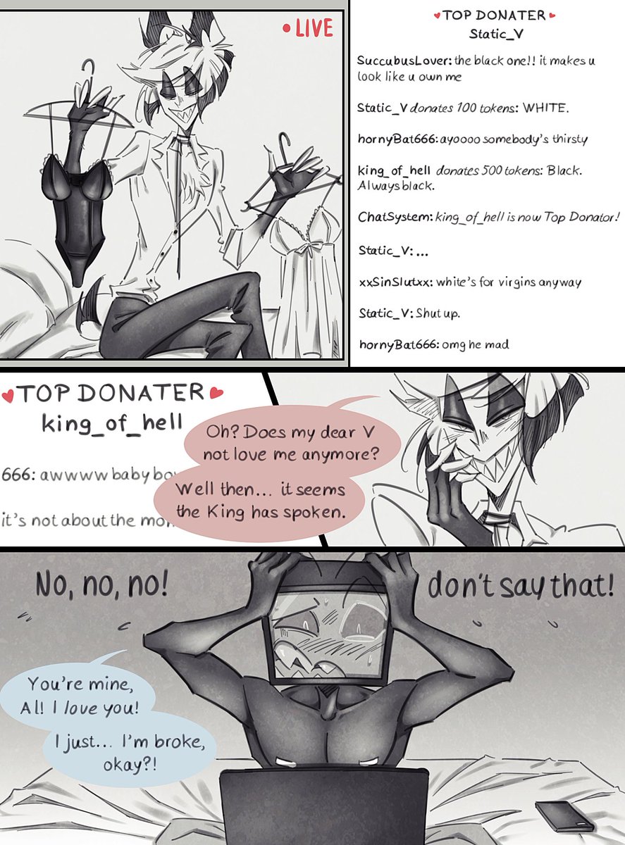 ysmayq's tweet image. #voxal #radiostatic #staticradio
Camboy AU 

Alastor is a popular sinner camboy, streaming to pay off debts. Vox obsessed, spends his salary on him… until he’s broke.

Val’s advice: “Do it yourself.”
Vox starts streaming, first for love... then for rivalry.