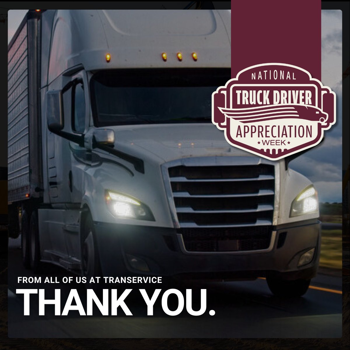 It’s Driver Appreciation Week and we just want to say one thing… THANK YOU. To every Transervice driver: Your hard work doesn’t go unnoticed. We see you, and we appreciate you. #Transervice #DriverAppreciationWeek #ThankYouDrivers #TruckingLife #FleetFamily