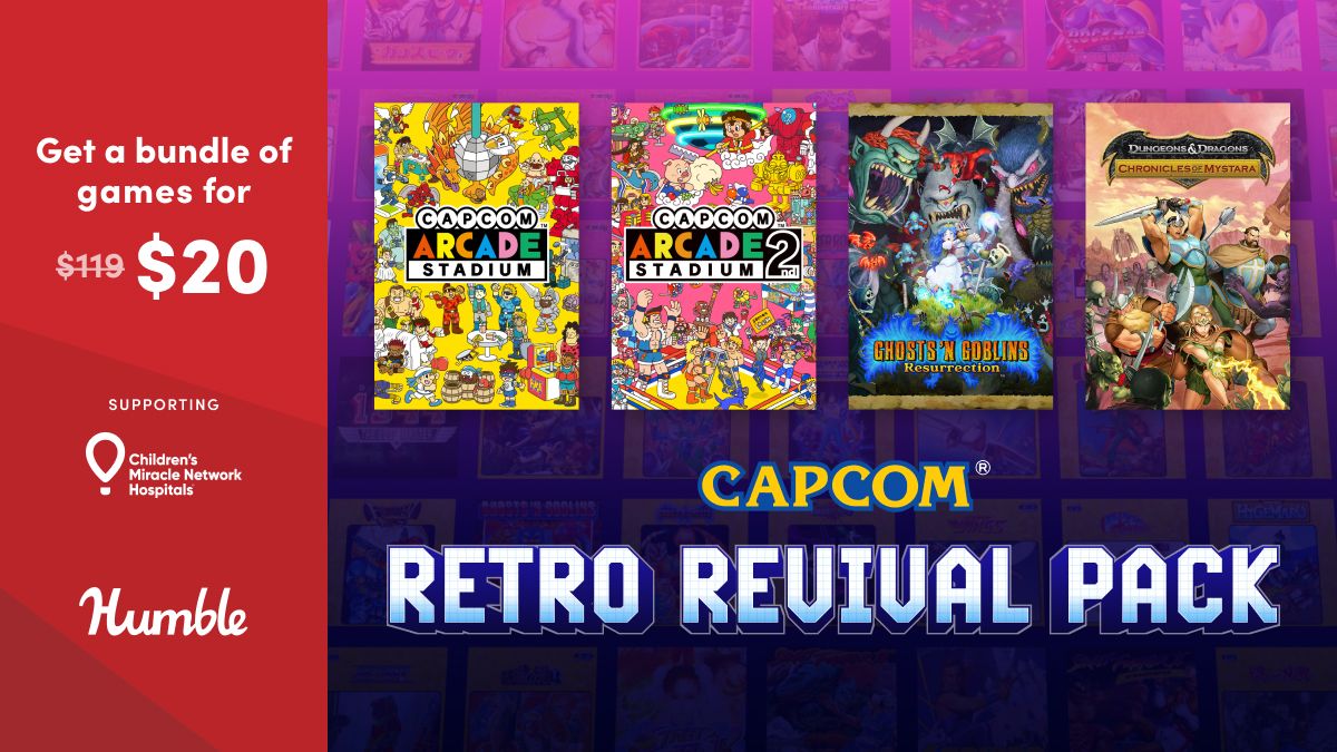 humble's tweet photo. A variety of classic Capcom titles across genres like fighting games, shmups, beat ‘em ups, and more await in the Capcom Retro Revival Pack! Supports @CMNHospitals | https://t.co/8oLsOydGnN https://t.co/iUnthmO00g