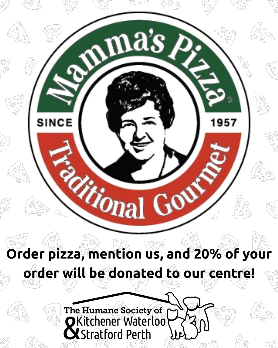 Not sure what to do for dinner? Why not order pizza and help our centre at the same time!

Mamma's Pizza is generously donating 20% of sales to our centre and all you have to do is mention The Humane Society. It's that simple! This amazing promo ends on Friday.

(519) 570-9711