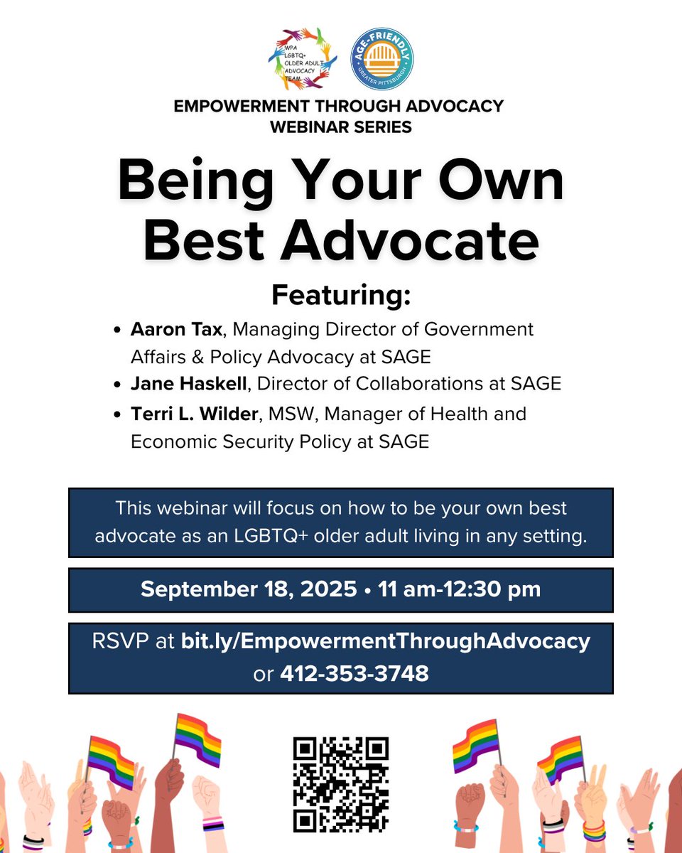 We're so thrilled to be cohosting this webinar featuring national experts from @SAGE.

📅 Thursday, September 18 | 11 am–12:30 pm
💻 Free and virtual
👉 RSVP: bit.ly/EmpowermentThr… or 412-353-3748

Join us for tools, encouragement and community for LGBTQ+ older adults.
