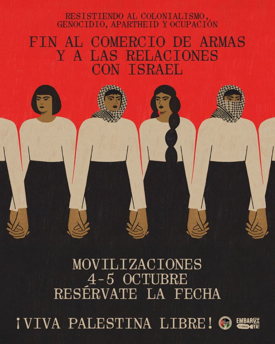 🇵🇸Movilización estatal por Palestina: 4 y 5 de octubre 
✊🏾 Resérvate la fecha y busca la convocatoria en tu ciudad o pueblo. 

☠️ 2 años del inicio del genocidio del pueblo palestino por parte de Israel, este sigue imparable e Israel aún no enfrenta sanciones por parte de Europa
