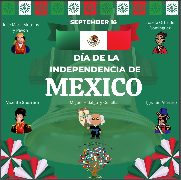 Today, Mexico celebrates the 212th anniversary of the beginning of Mexico's Independence, when Miguel Hidalgo y Costilla, through bells ringing, called for the taking up of arms against 300 years of Spanish rule.  #Courage <a href="/McAllenISD/">McAllen ISD</a> <a href="/RocioNava2017/">Rocio Nava</a>