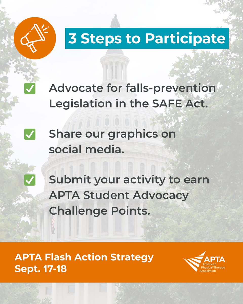 📢 The countdown is on! Tomorrow kicks off APTA’s Flash Action Strategy — the two-day digital rally to pass falls prevention legislation in the SAFE Act.

Get ready to make your voice heard and help amplify our collective voice.

Learn more: apta.org/for-students/s…