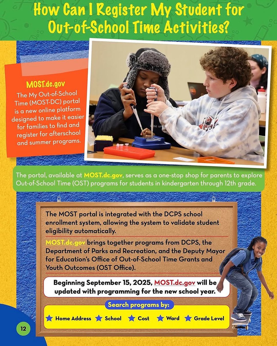 DCMOWPI's tweet image. The My Out of School Time DC (MOST-DC) portal is now accessible for registration! Explore DC’s fantastic afterschool offerings and sign your student up for an engaging program—all in one accessible portal. Register at MOST.dc.gov