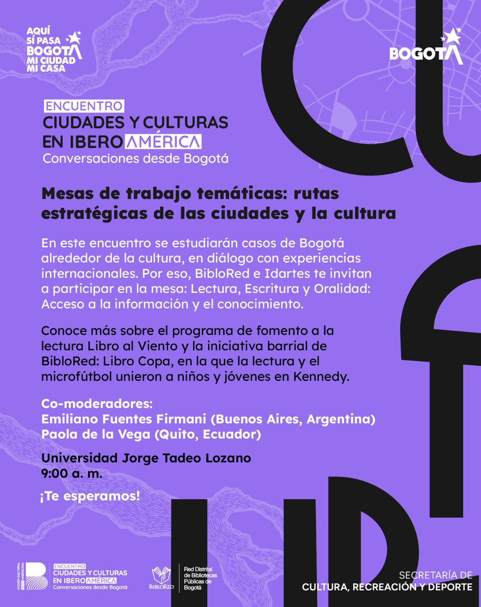 BibloRedBogota's tweet photo. ¡Este sábado! En el marco del Encuentro de ciudades y culturas en Iberoamérica, participa en las Mesas de trabajo temáticas: rutas estratégicas de las ciudades y la cultura, una oportunidad para conocer más sobre los programas de fomento a la lectura en Bogotá.

Inscripciones, aquí: https://t.co/IVnHJB8Ui1