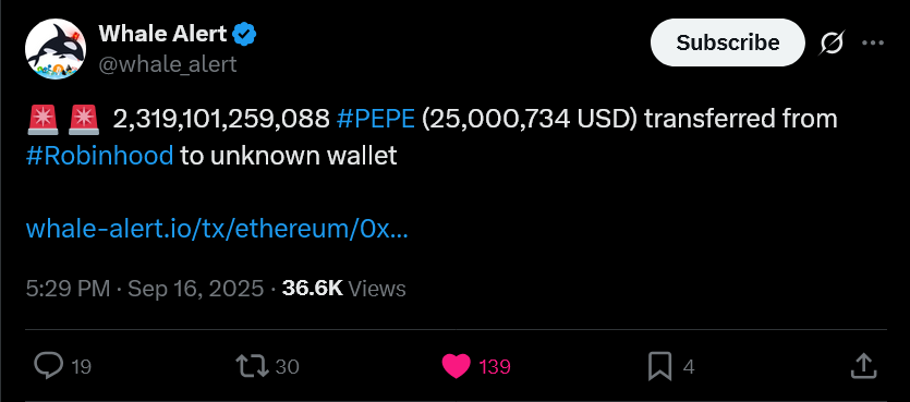 Plazma0x's tweet photo. Someone literally bought $25M worth of $PEPE from Robinhood. https://t.co/TQKExDkOcX