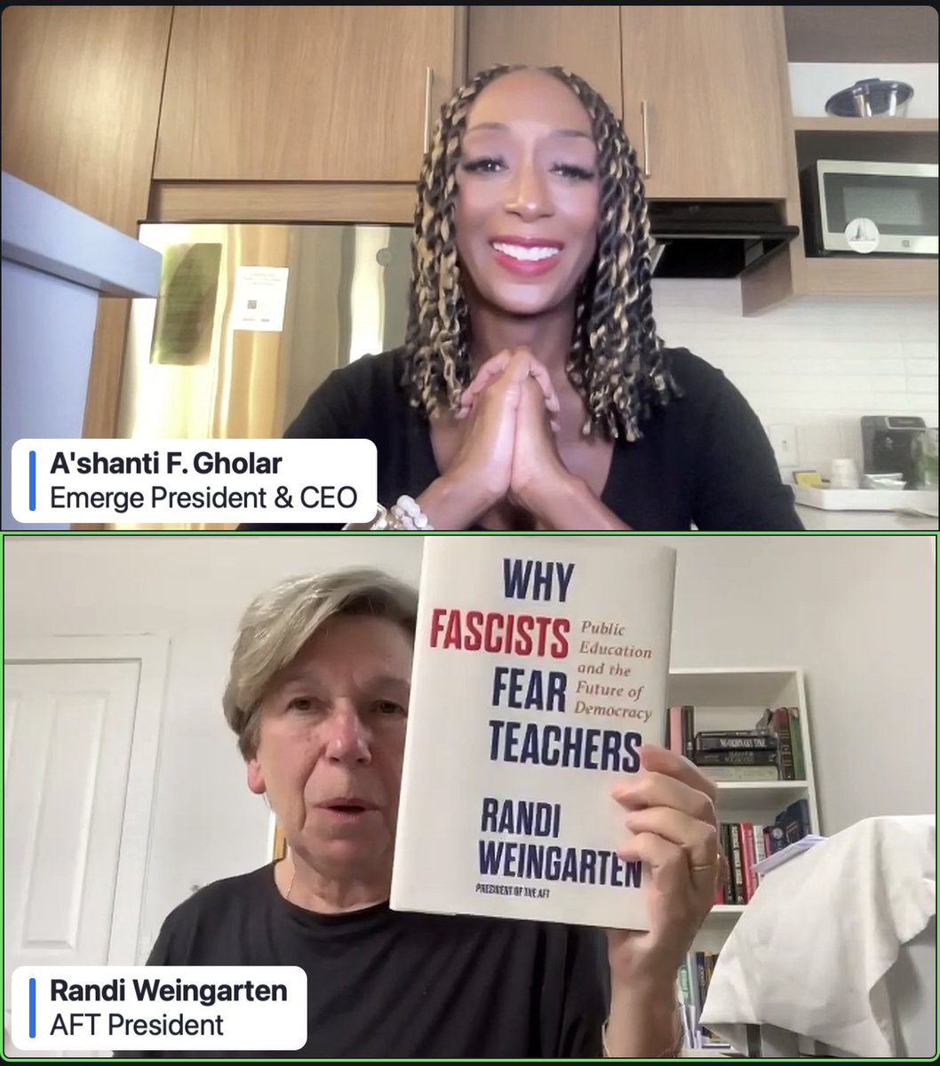 Happening now: <a href="/rweingarten/">Randi Weingarten 🇺🇸 🖇️👩‍🎓📚</a> joins @emergeamerica's <a href="/AshantiGholar/">A'shanti F. Gholar</a> to discuss her new book Why Fascists Fear Teachers—“a book that tries to tell stories about people who are the antidote to the time we are living in.”