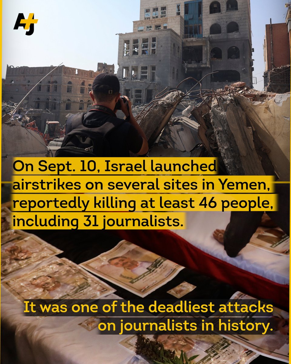 ajplus's tweet photo. Israel reportedly killed at least 31 journalists in Yemen in one day.

They are among hundreds of journalists Israel has killed since October 2023 across the region, including in Gaza, Syria, Lebanon and Iran. https://t.co/np8CmKgXgz