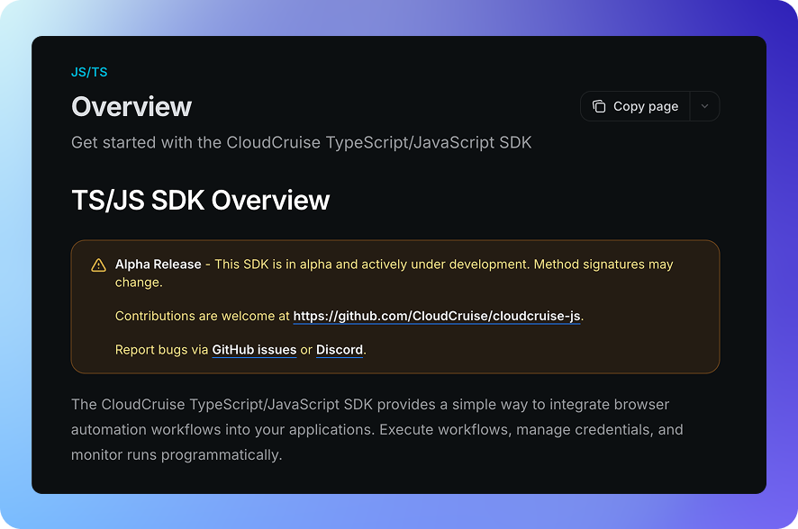 cloudcruise_app's tweet photo. Introducing the Alpha Release of our JS/TS SDK!

See docs → https://t.co/bX4v9iVEJl

Python SDK coming soon 👀 https://t.co/0u7tA8lMXP