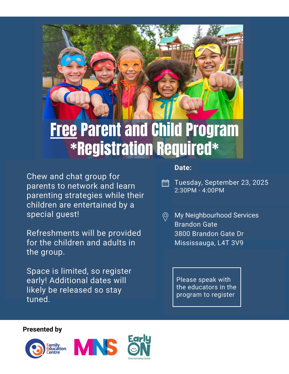 Join us for our Chew and Chat program on Tuesday, September 23, 2025 from 2:30PM - 4:00PM at our Malton EarlyON location! 
📍: 3800 Brandon Gate Drive