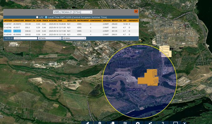 A satellite map showing a military base with S-300/400 systems near the Saratov refinery. A yellow circle highlights an area with a fire, marked by an orange square. A red pin labels the location as Zvezdniy Rayon. A table overlay displays FIRMS data with coordinates 51.426980, 45.926040.