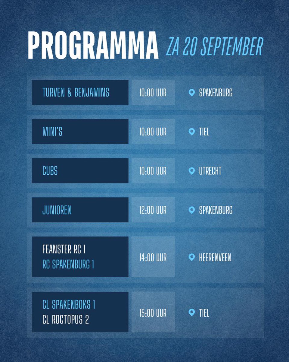 Programma zaterdag 20 september 🏉

#Rugby
#RugbyNL
#RugbyNederland
#JeugdRugby
#Bunschoten
#Spakenburg
