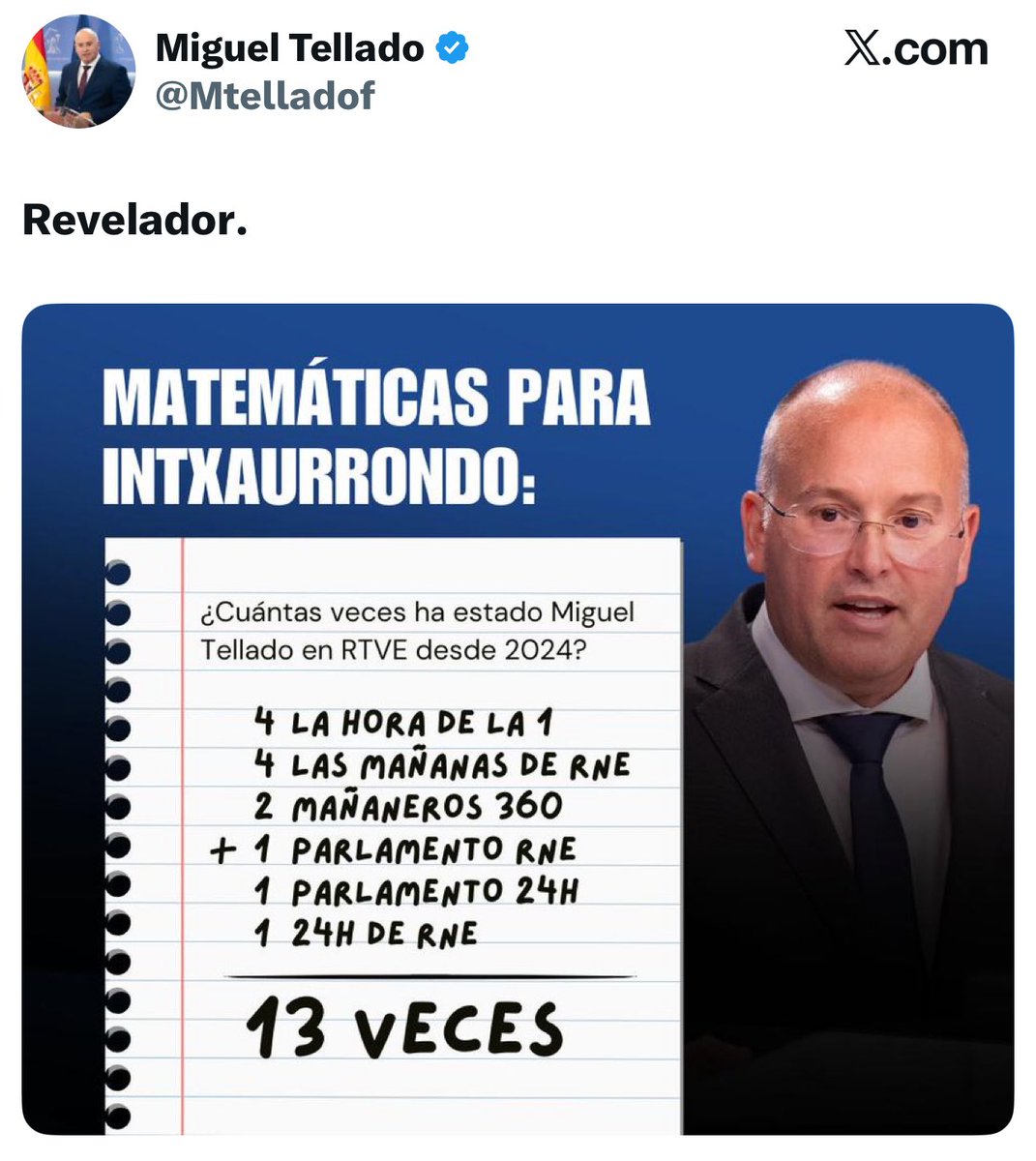 Matemáticas para @mtelladof (e <a href="/AlfonsoRuedaGal/">Alfonso Rueda</a>):

Cantas veces estivo TODA a oposición Parlamentaria na <a href="/TVGalicia/">TVG</a> desde as eleccións autonómicas de FEBREIRO do 2024?

1️⃣ Unha entrevista a <a href="/anaponton/">Ana Pontón</a>.

1️⃣ Unha entrevista a <a href="/jrgomezbesteiro/">Gómez Besteiro</a>.

#Fin.