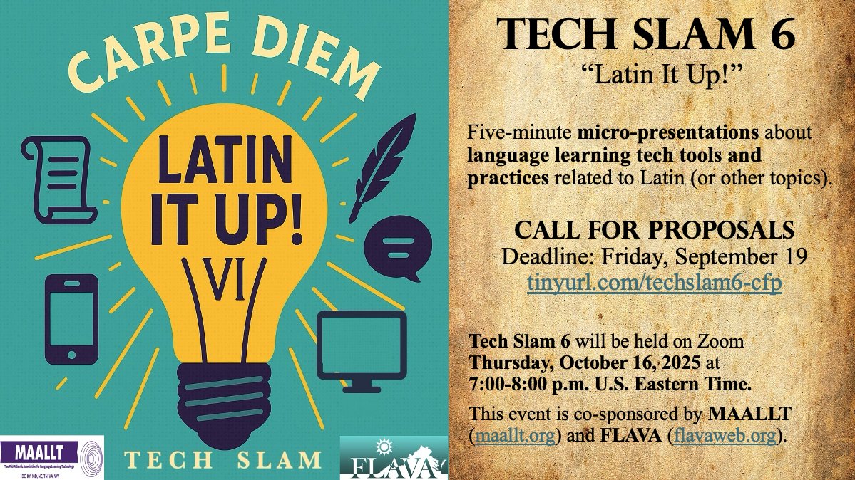 MAALLT's tweet photo. There's still time to get in your proposal for Tech Slam 6! A tech slam has 5-minute micro-presentations on tech, apps, or practices for language learning. Submit your proposal by Fri Sept. 19 —

https://t.co/T7m7eGdbiO 

#iallt #education #learning #technology #mfl #langchat https://t.co/npU1CA1OhW