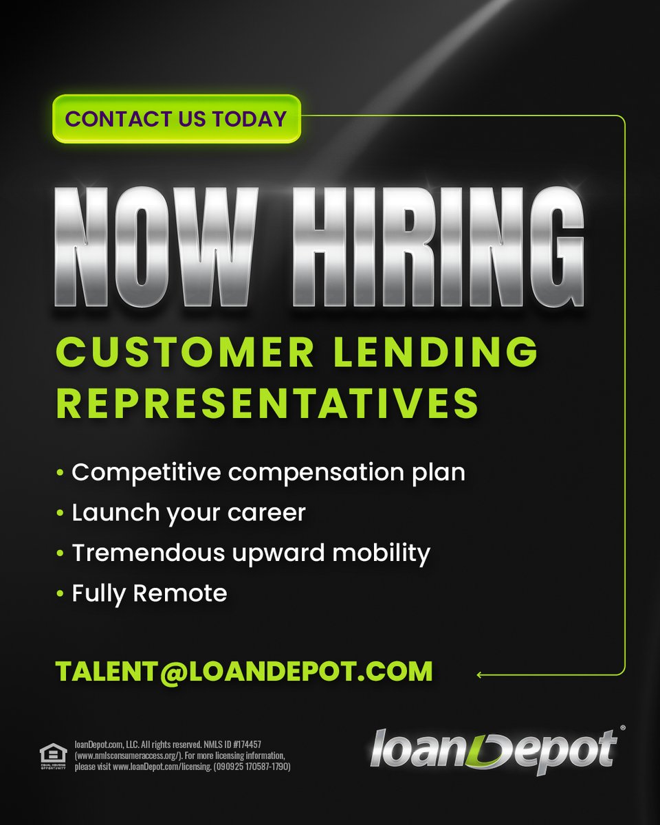 Want to join the heartbeat of loanDepot's sales team?We’re hiring Customer Lending Representatives to help drive our success and deliver exceptional service.

If you're ready to grow your sales career, come build your future with us!

Apply today: jobs.jobvite.com/loandepot/